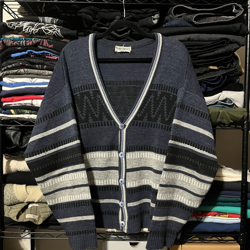 Stylish Men's Navy and Gray Cardigan Sweater